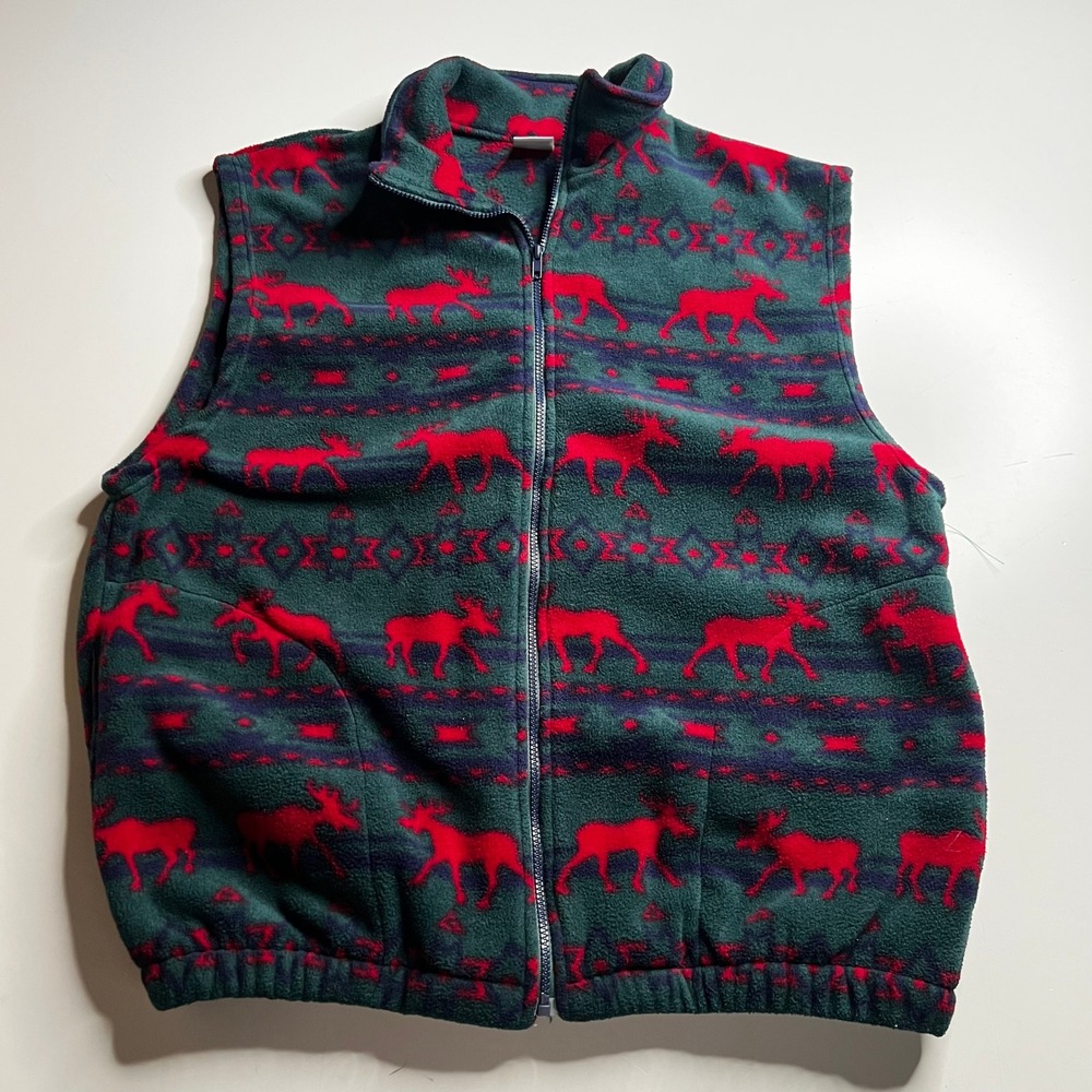 Vintage 90s Cityscape Moose Fleece Vest XL Green‎ Red Fair Isle Made in Canada